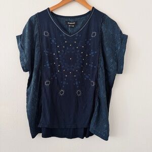 Desigual Detroit Blouse - Blue Short Sleeve Embroidered & Studded Top